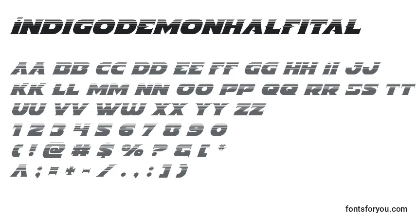 Schriftart Indigodemonhalfital – Alphabet, Zahlen, spezielle Symbole