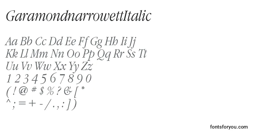 Czcionka GaramondnarrowettItalic – alfabet, cyfry, specjalne znaki