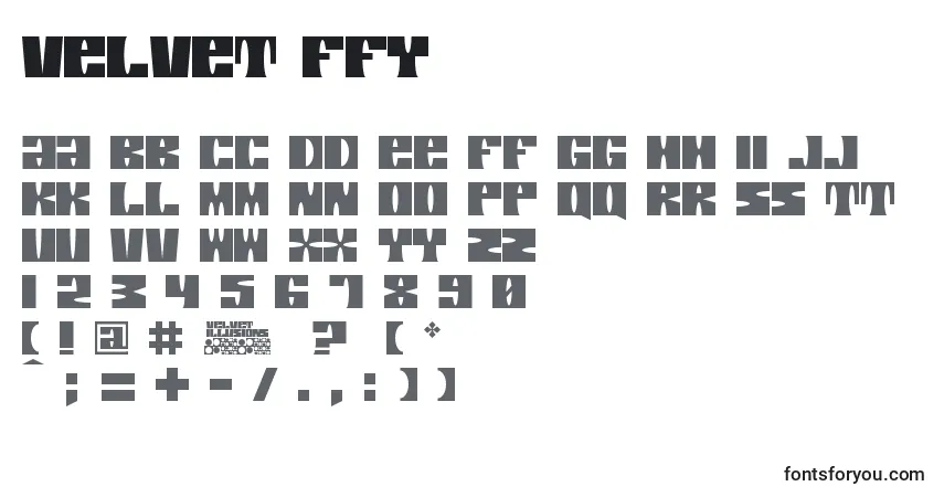 Schriftart Velvet ffy – Alphabet, Zahlen, spezielle Symbole