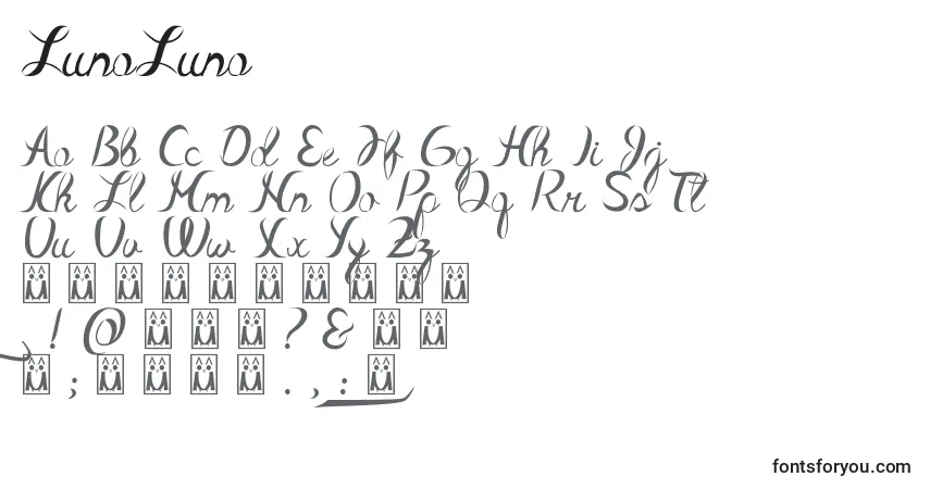 A fonte LunaLuna – alfabeto, números, caracteres especiais