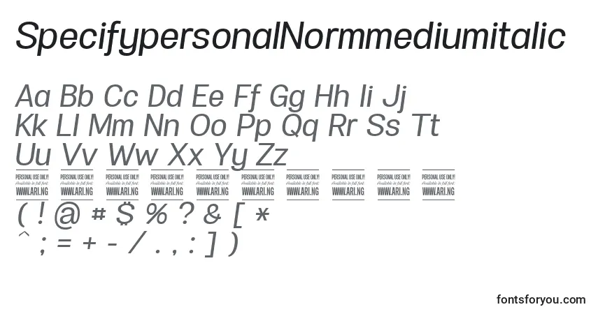 Czcionka SpecifypersonalNormmediumitalic – alfabet, cyfry, specjalne znaki