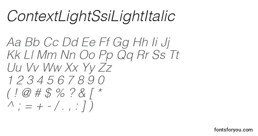 Czcionka ContextLightSsiLightItalic – alfabet, cyfry, specjalne znaki