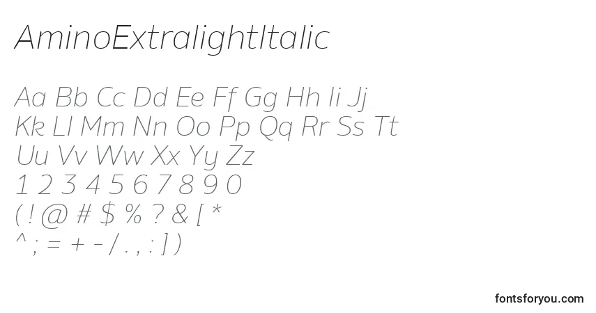 caractères de police aminoextralightitalic, lettres de police aminoextralightitalic, alphabet de police aminoextralightitalic