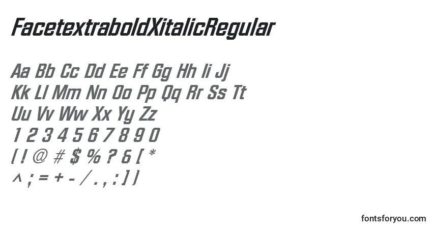 A fonte FacetextraboldXitalicRegular – alfabeto, números, caracteres especiais