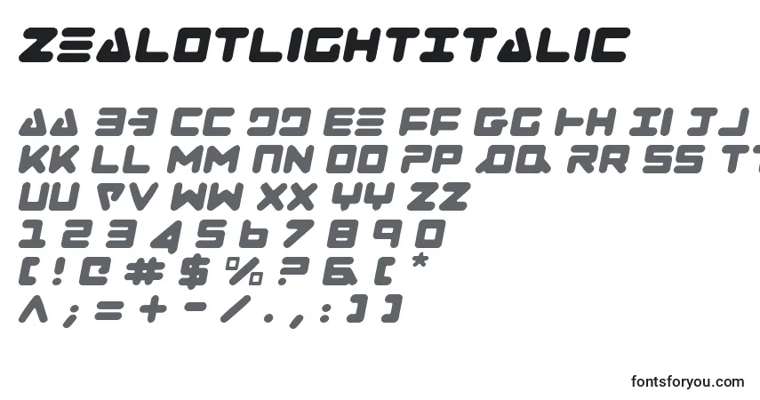 ZealotLightItalicフォント–アルファベット、数字、特殊文字