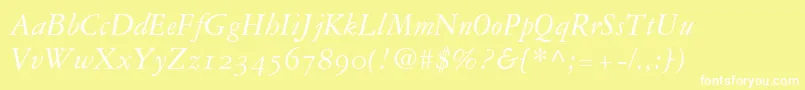 Garamond3ItalicOldStyleFigures-Schriftart – Weiße Schriften auf gelbem Hintergrund