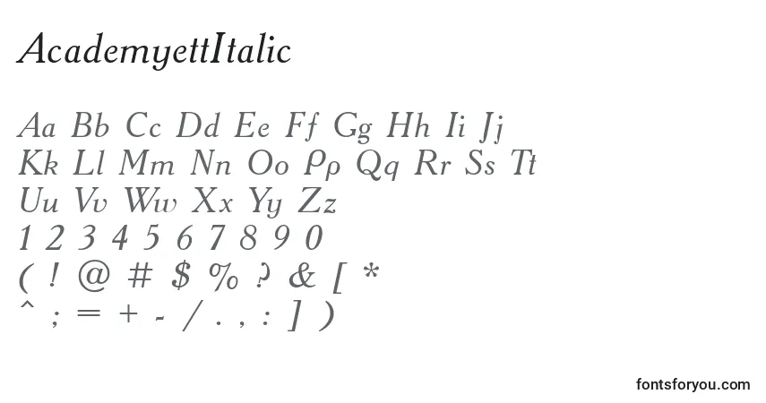 Schriftart AcademyettItalic – Alphabet, Zahlen, spezielle Symbole