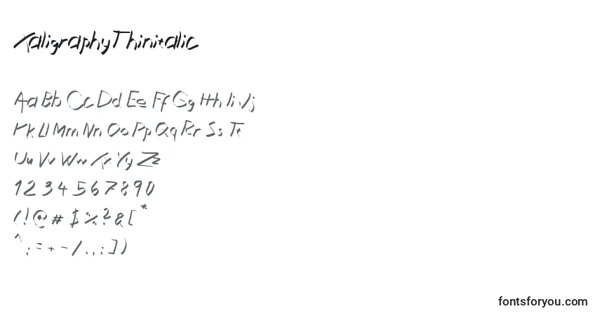 Czcionka XaligraphyThinitalic – alfabet, cyfry, specjalne znaki