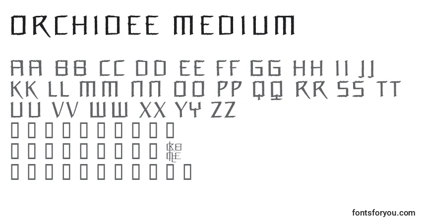 Czcionka Orchidee Medium – alfabet, cyfry, specjalne znaki