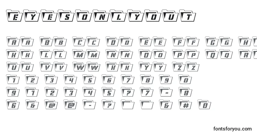 Schriftart Eyesonlyout – Alphabet, Zahlen, spezielle Symbole