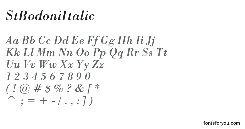 Шрифт StBodoniItalic – алфавит, цифры, специальные символы