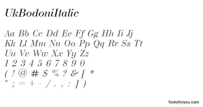 Czcionka UkBodoniItalic – alfabet, cyfry, specjalne znaki