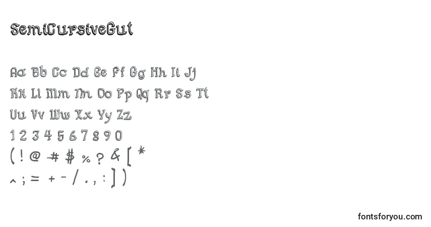 Czcionka SemiCursiveGut – alfabet, cyfry, specjalne znaki
