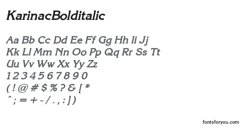 Schriftart KarinacBolditalic – Alphabet, Zahlen, spezielle Symbole