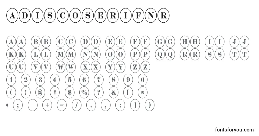 A fonte ADiscoserifnr – alfabeto, números, caracteres especiais
