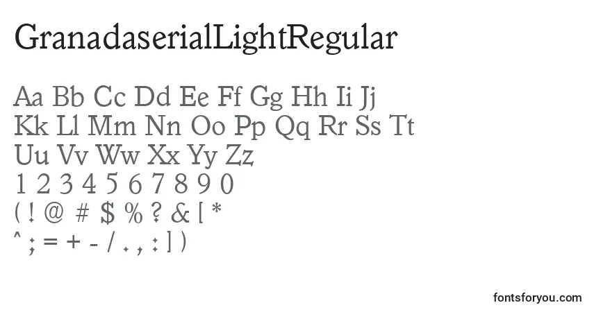 A fonte GranadaserialLightRegular – alfabeto, números, caracteres especiais