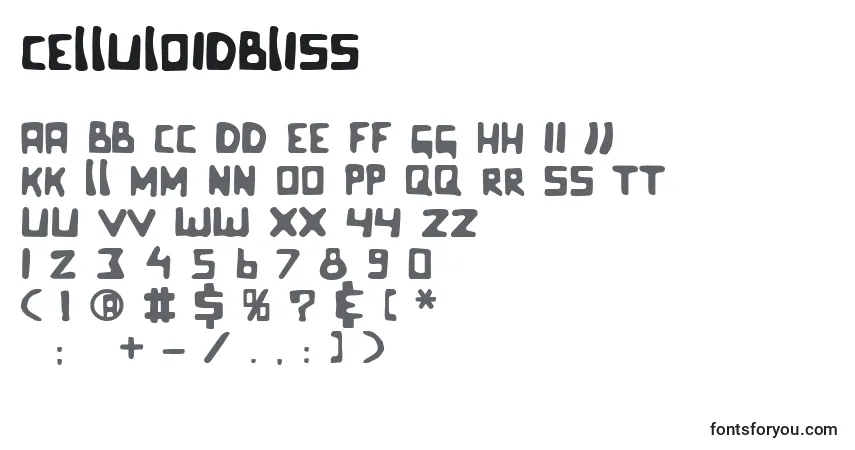 A fonte Celluloidbliss – alfabeto, números, caracteres especiais