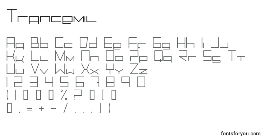 Schriftart Trancemil – Alphabet, Zahlen, spezielle Symbole