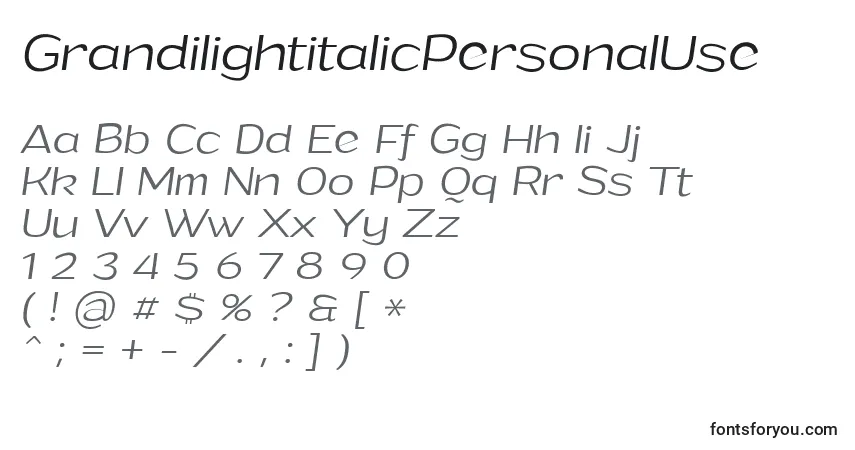Czcionka GrandilightitalicPersonalUse – alfabet, cyfry, specjalne znaki