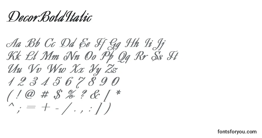 Czcionka DecorBoldItalic – alfabet, cyfry, specjalne znaki