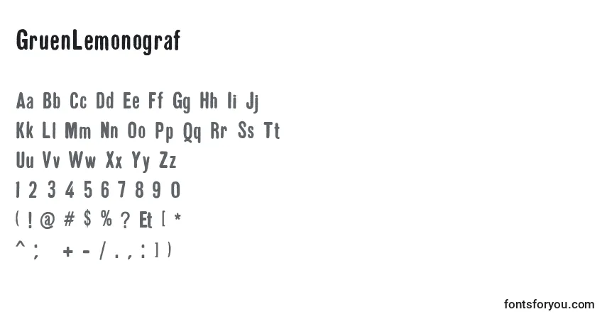 Czcionka GruenLemonograf – alfabet, cyfry, specjalne znaki