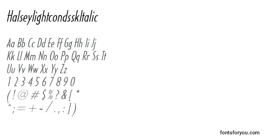 Шрифт HalseylightcondsskItalic – алфавит, цифры, специальные символы