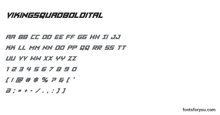 Шрифт Vikingsquadboldital – алфавит, цифры, специальные символы