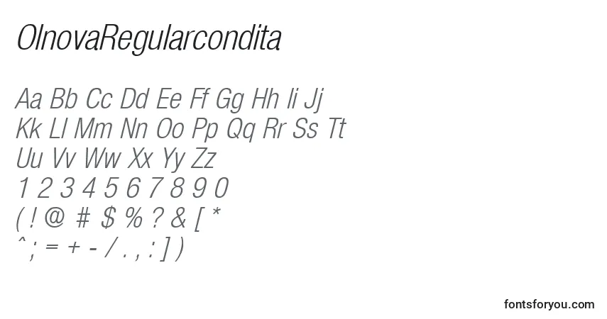 Czcionka OlnovaRegularcondita – alfabet, cyfry, specjalne znaki