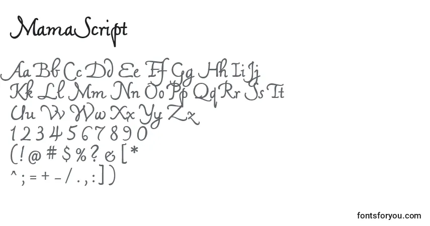 Czcionka MamaScript – alfabet, cyfry, specjalne znaki
