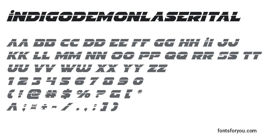 Schriftart Indigodemonlaserital – Alphabet, Zahlen, spezielle Symbole