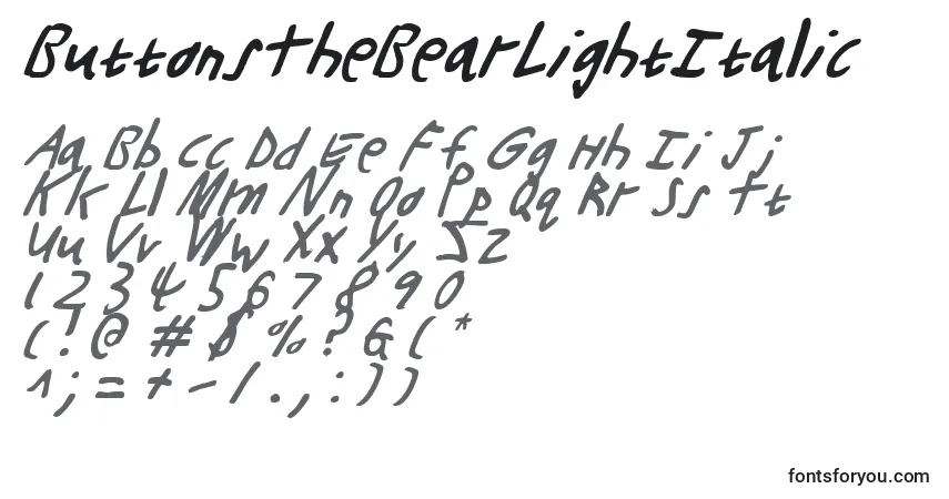 Czcionka ButtonsTheBearLightItalic – alfabet, cyfry, specjalne znaki