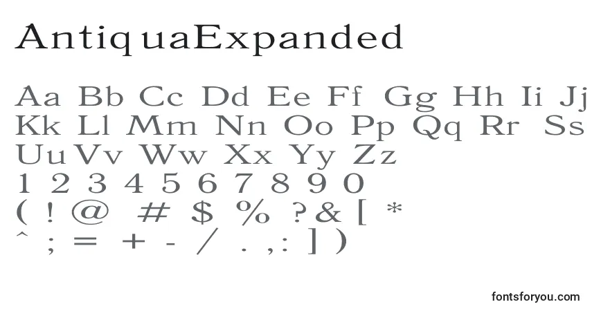 Czcionka AntiquaExpanded – alfabet, cyfry, specjalne znaki