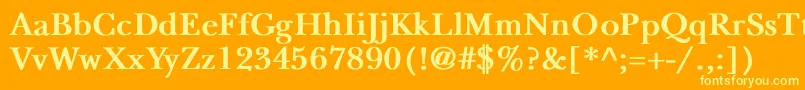 NewbaskervilleBold-fontti – keltaiset fontit oranssilla taustalla