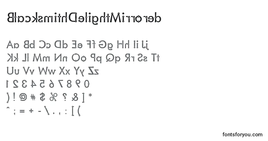Czcionka BlacksmithDelightMirrored – alfabet, cyfry, specjalne znaki