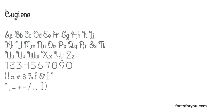Czcionka Eugiene – alfabet, cyfry, specjalne znaki