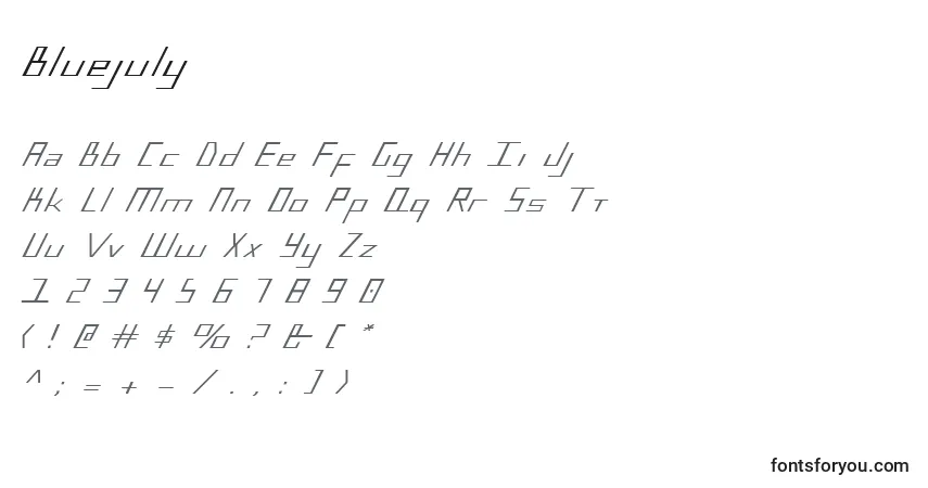 Czcionka Bluejuly – alfabet, cyfry, specjalne znaki