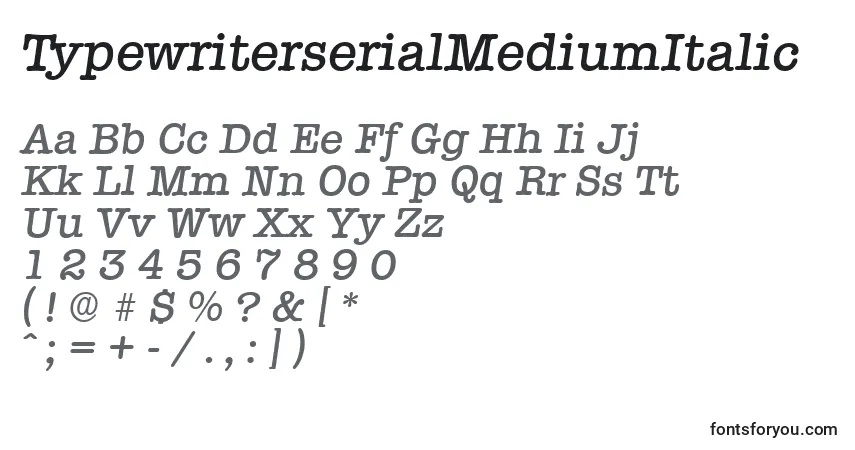 TypewriterserialMediumItalic-fontti – aakkoset, numerot, erikoismerkit