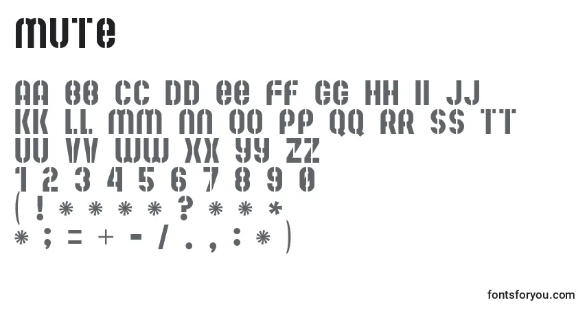 Czcionka Mute – alfabet, cyfry, specjalne znaki