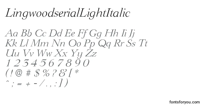 Schriftart LingwoodserialLightItalic – Alphabet, Zahlen, spezielle Symbole