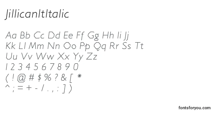 Schriftart JillicanltItalic – Alphabet, Zahlen, spezielle Symbole