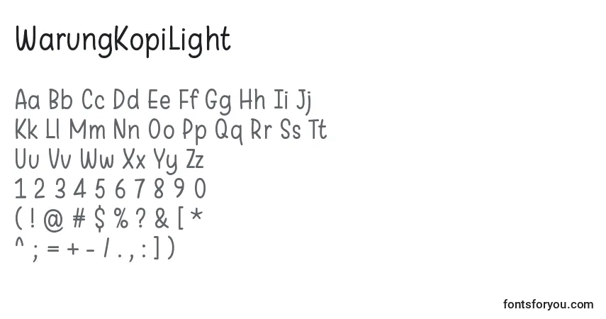Czcionka WarungKopiLight – alfabet, cyfry, specjalne znaki