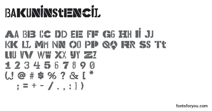Bakuninstencil-fontti – aakkoset, numerot, erikoismerkit