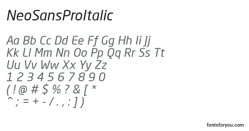 NeoSansProItalic-fontti – aakkoset, numerot, erikoismerkit