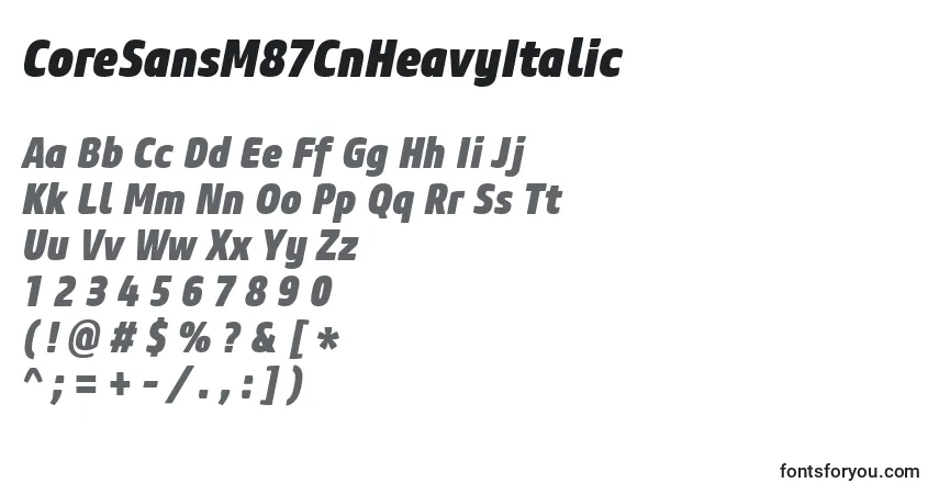 Schriftart CoreSansM87CnHeavyItalic – Alphabet, Zahlen, spezielle Symbole