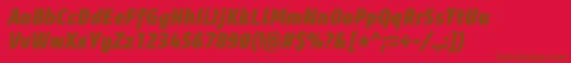 CoreSansM87CnHeavyItalic-Schriftart – Braune Schriften auf rotem Hintergrund