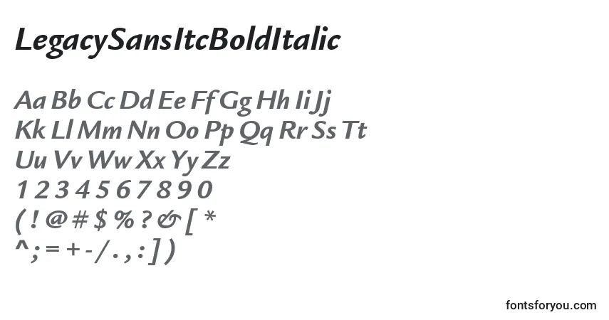 A fonte LegacySansItcBoldItalic – alfabeto, números, caracteres especiais