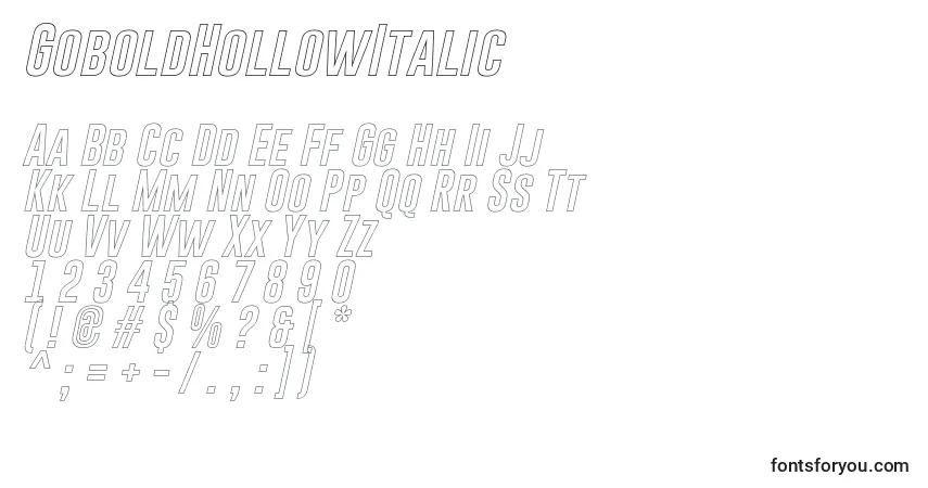 A fonte GoboldHollowItalic – alfabeto, números, caracteres especiais