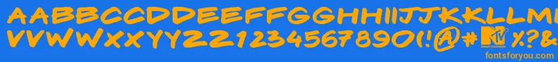 Komix-Schriftart – Orangefarbene Schriften auf blauem Hintergrund