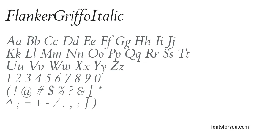 Czcionka FlankerGriffoItalic – alfabet, cyfry, specjalne znaki