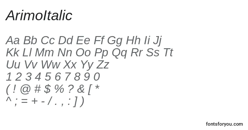 A fonte ArimoItalic – alfabeto, números, caracteres especiais